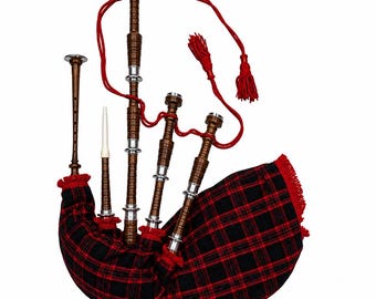 Cornemuse des Highlands en palissandre, fabriquée à la main, tartan MacDonald, détails argentés (ensemble avec accessoires)