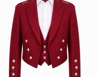 Ensemble veste et gilet Prince Charlie en laine Barathea rouge faite main, détails argentés