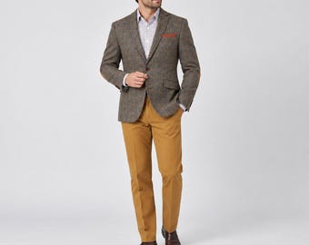Men's Harris Tweed Jacket, Brown Check 100% Wool Tailored Fit Blazer, Sumburgh