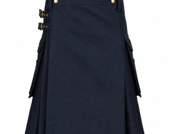 Kilt utilitaire en coton bleu foncé pour homme, plissé style écossais, poches latérales