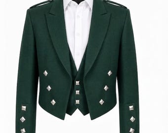 Ensemble veste et gilet Prince Charlie en laine Barathea verte faite main, veste de kilt écossaise à détails argentés
