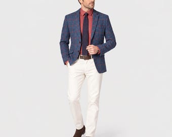 Veste en tweed Harris pour homme, à carreaux bleus et rouges, 100 % laine, coupe ajustée