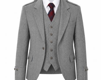 Veste et gilet en tweed gris clair à motif losanges, tenue de cérémonie écossaise, boutons en corne de cerf
