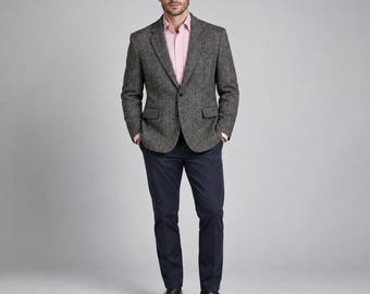 Men's Harris Tweed Blazer, Grey Herringbone Wool Jacket, Classic Fit, Laxdale