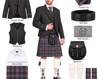 Ensemble kilt losanges en tweed noir anthracite pour homme : ensemble de mariage écossais 10 pièces