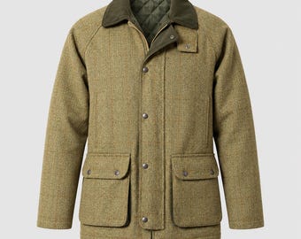 Veste Derby en tweed sauge pour homme, manteau de campagne en laine mélangée, poignets coupe-vent, poches à cartouches