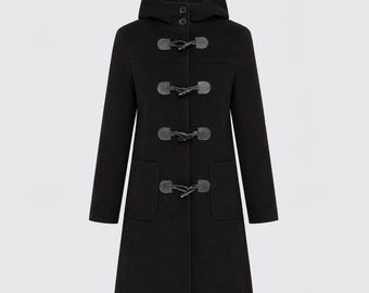 Duffle-coat noir pour femme, manteau d'hiver à capuche en laine et cachemire mélangés, entièrement doublé.