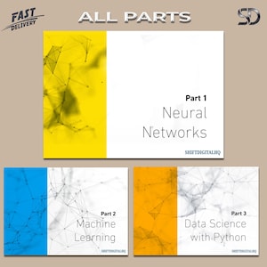 May include: A graphic with the text "ALL PARTS" and "FAST DELIVERY". The image is divided into three sections, each with a title: "Neural Networks", "Machine Learning", and "Data Science with Python". Each section has a colored vertical bar.