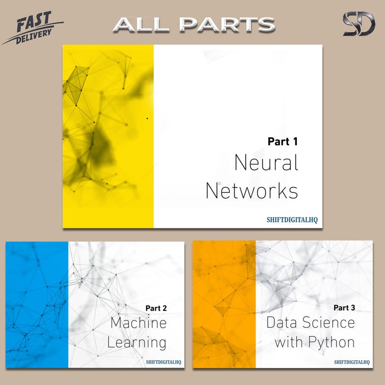 May include: A graphic with the text "ALL PARTS" and "FAST DELIVERY". The image is divided into three sections, each with a title: "Neural Networks", "Machine Learning", and "Data Science with Python". Each section has a colored vertical bar.