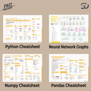 May include: Four educational cheat sheets for data science, including Python, Neural Networks, NumPy, and Pandas. Each sheet features detailed information, diagrams, and the text "Cheat Sheet" and "SD SHIFT DIGITAL". The image has a yellow and white color scheme.