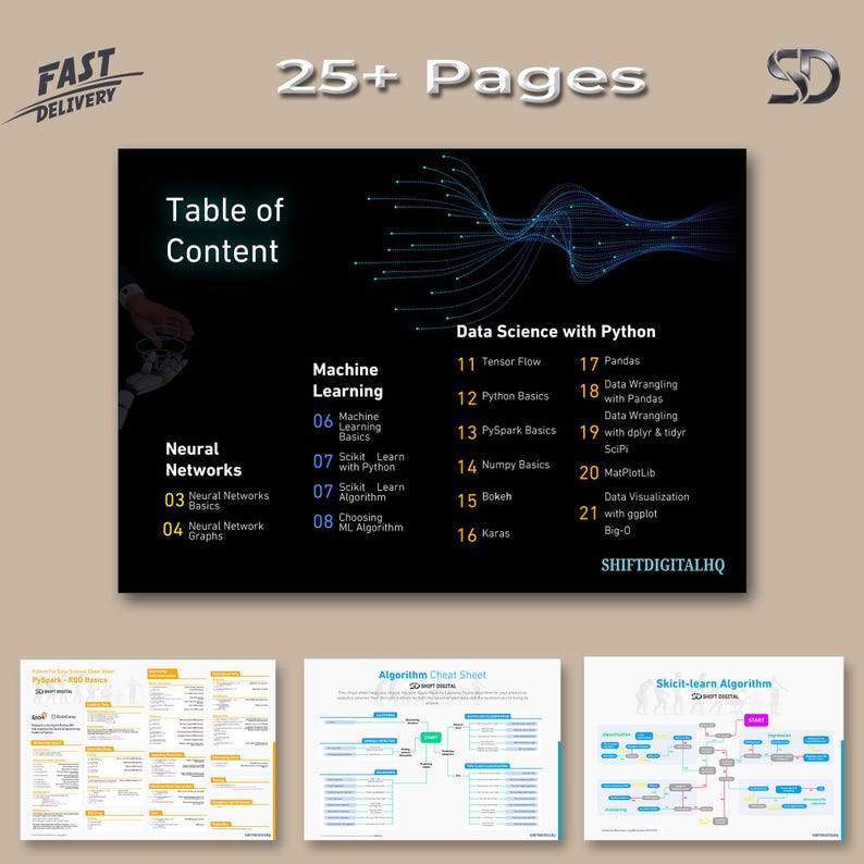 May include: A digital guide with the title "25+ Pages" and a table of contents for data science and machine learning topics. The guide includes sections on neural networks, Python basics, and data visualization. The text "FAST DELIVERY" is in the upper left corner.