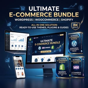 Può includere: Un pacchetto di prodotti digitali con monitor, laptop e smartphone che mostrano dashboard di e-commerce. Tre scatole fisiche etichettate Ultimate E-Commerce Bundle per WordPress, Shopify e WooCommerce sono disposte sul lato destro.