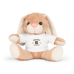Op de afbeelding: Een pluche lichtbruin konijn met een wit t-shirt aan. Op het shirt staat de tekst ROZANOV, het nummer 81, twee gouden sterren en de tekst BOSTON RAIDERS in zwart en goud gedrukt. Het konijn heeft lange oren, een roze neus en donkere ogen.