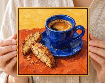 Blue Espresso Cup Oil Painting, 8x8 Inch Narrow Framed Art, Colorful Impasto Small Square Wall Decor, Still Life Gift for Cozy Home