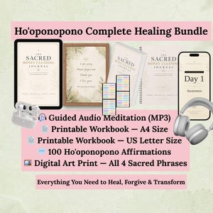 Könnte beinhalten: Werbebild für ein "Ho'oponopono Complete Healing Bundle". Es zeigt ein Tablet, gerahmte Kunstwerke, Journale, ein Telefon, Ohrhörer und Kopfhörer. Das Bundle beinhaltet eine geführte Audio-Meditation, Arbeitsbücher, Affirmationen und einen digitalen Kunstdruck.