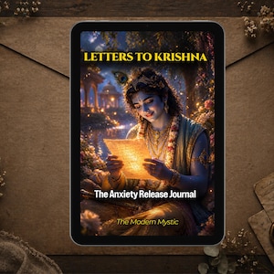 Può includere: Un tablet digitale mostra la copertina di "Letters to Krishna: The Anxiety Release Journal" di The Modern Mystic. L'artwork della copertina presenta una persona in abiti ornati che tiene in mano un foglio luminoso, su uno sfondo sereno.