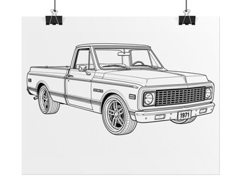1971 Classic Pickup Truck Poster | Rolled Poster, Outline Car Illustration