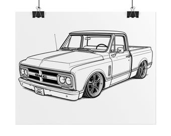1967 GMC Pickup Custom Line Art Rolled Poster | Vintage Truck Illustration