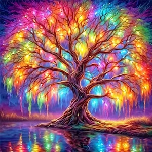 May include: A vibrant, multi-colored tree with glowing, luminous branches in shades of pink, yellow, blue, and purple. The tree features intricate, swirling bark and long, flowing foliage that reflects into the water below, creating a vivid, saturated display of light and color across the entire scene.