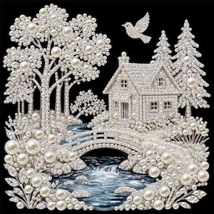 May include: A decorative wall art piece featuring a winter landscape scene crafted from white pearls and clear crystals. The design includes a cottage, a bridge over a stream, trees, and a bird in flight, all set against a solid black background.