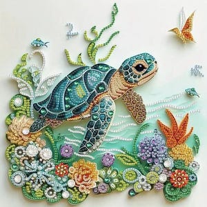 May include: A diamond painting kit featuring a sea turtle swimming among colorful coral and aquatic plants. The turtle has a teal and brown shell with sparkling accents. The scene includes small fish, a butterfly, and various floral shapes.