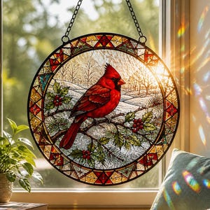 Cardinal Stained Glass Suncatcher,Red Bird Window Hanging,MemorialGift for Loved One,Winter Forest Ornament,Handmade Glass Decor,redcardinal