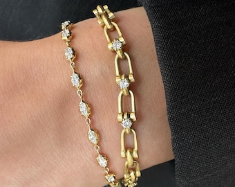 Marquise Button Back Bezel Set Delicate Station Set Bracelet, Round Cut Moissanite Diamond Chunky Paperclip U Link Bracelet, 14K Yellow Gold