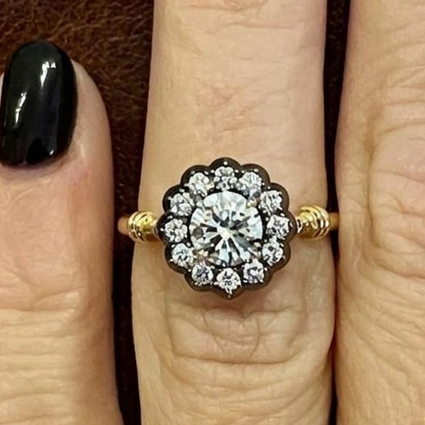 Vintage Style Collet Set Georgian Engagement Ring, Round Moissanite Diamond Halo Ring, Flower Inspired Blackened Gold Ring, 14K Yellow Gold