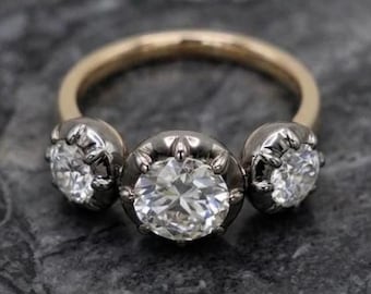 Georgian Button Back Set Engagement Ring, Round Cut Three Stone Moissanite Ring, 14K Yellow Gold Vintage Blackened Gold Collet Setting Ring