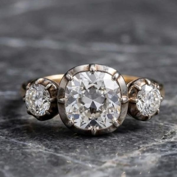 Georgian Button Back Set Engagement Ring, Cushion & Round Cut Three Stone Moissanite Ring, 14K Gold Vintage Blackened Gold Collet Set Ring