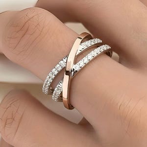 Criss Cross Diamond Ring, Round Cut Cross Over Band, Half Eternity Multi Row Band For Her, 14K Two Tone Gold Stacking Cocktail Pave X Ring