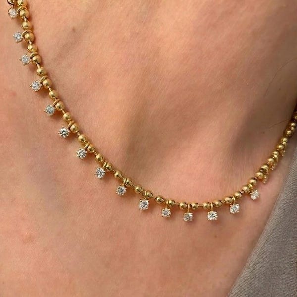 Round Moissanite Diamond Dangle Necklace, Ball Chain Bridal Choker Necklace, Delicate Minimalist Everyday Necklace, Beaded Layering Necklace