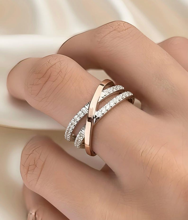 Criss Cross Diamond Ring, Round Cut Cross Over Band, Half Eternity Multi Row Band For Her, 14K Two Tone Gold Stacking Cocktail Pave X Ring