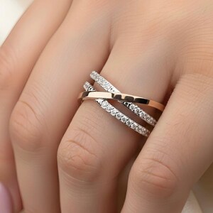 Criss Cross Diamond Ring, Round Cut Cross Over Band, Half Eternity Multi Row Band For Her, 14K Two Tone Gold Stacking Cocktail Pave X Ring