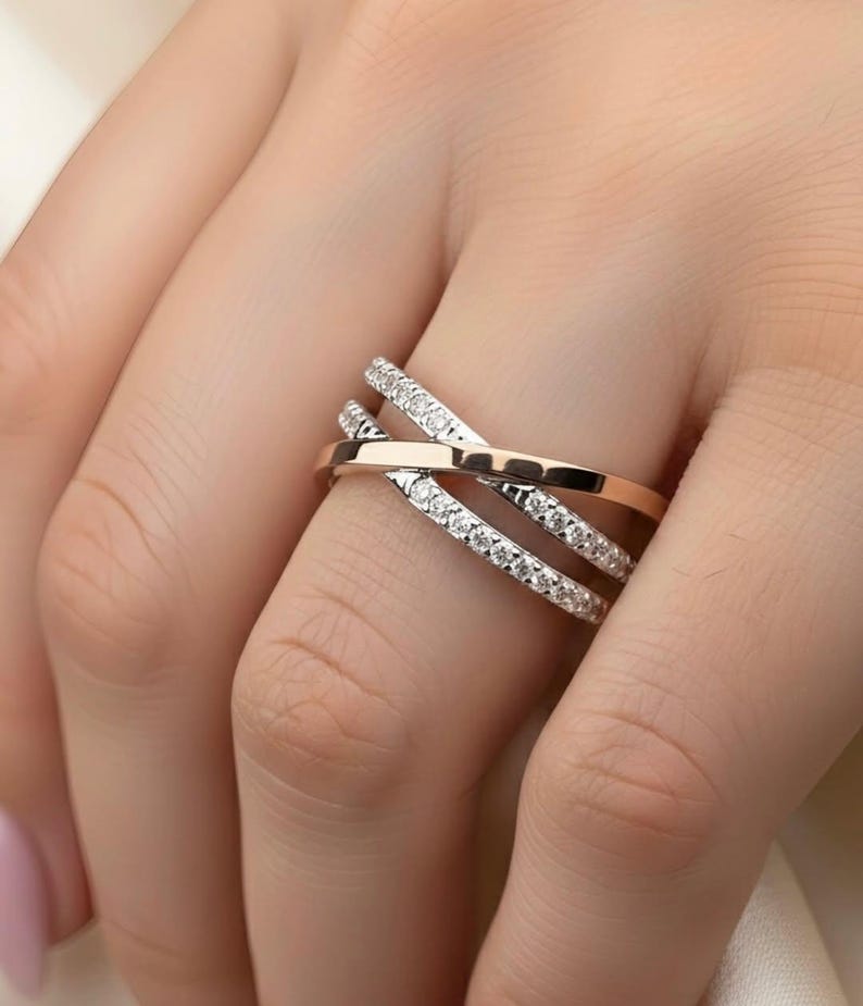 Criss Cross Diamond Ring, Round Cut Cross Over Band, Half Eternity Multi Row Band For Her, 14K Two Tone Gold Stacking Cocktail Pave X Ring