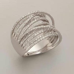 Multi Row Cross Over Women Band, Intertwined Crisscross Wedding Band, Round Diamond Moissanite Engagement Ring, 14K White Gold Cocktail Ring