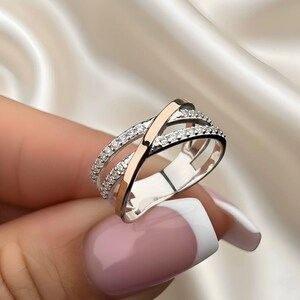 Criss Cross Diamond Ring, Round Cut Cross Over Band, Half Eternity Multi Row Band For Her, 14K Two Tone Gold Stacking Cocktail Pave X Ring