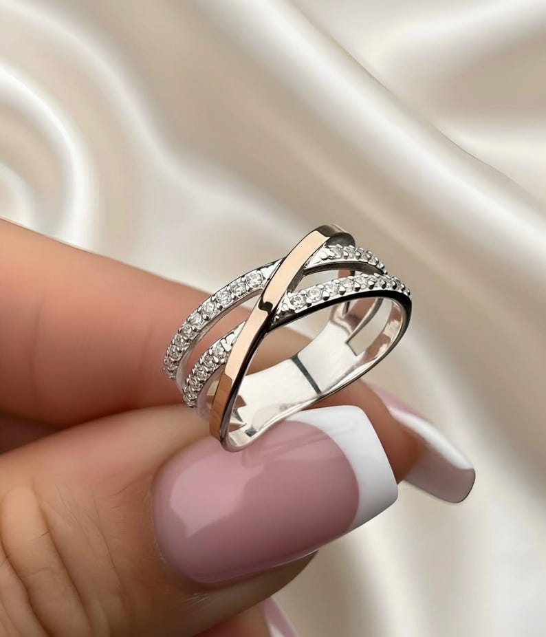 Criss Cross Diamond Ring, Round Cut Cross Over Band, Half Eternity Multi Row Band For Her, 14K Two Tone Gold Stacking Cocktail Pave X Ring