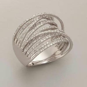 Multi Row Cross Over Women Band, Intertwined Crisscross Wedding Band, Round Diamond Moissanite Engagement Ring, 14K White Gold Cocktail Ring