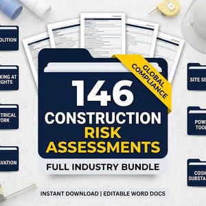 Pode incluir: Um pacote de produtos digitais para avaliações de risco de construção. A pasta central exibe "146 AVALIAÇÕES DE RISCO DE CONSTRUÇÃO" com o texto "PACOTE COMPLETO DA INDÚSTRIA".