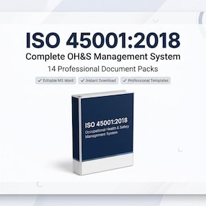 Può includere: Un raccoglitore blu e bianco etichettato ISO 45001:2018 Occupational Health & Safety Management System. Il testo sopra riporta ISO 45001:2018 Complete OH&S Management System 14 Professional Document Packs con segni di spunta per MS Word.