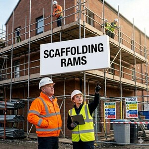 May include: A construction site with a white sign reading SCAFFOLDING RAMS in black text. Two workers in high-visibility jackets and white hard hats stand in the foreground, while others work on the metal scaffolding against a brick building.
