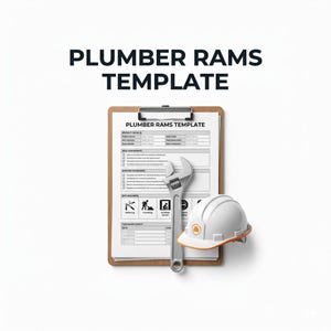 May include: A brown clipboard with a white paper document titled PLUMBER RAMS TEMPLATE, featuring project details, risk assessment, and safety icons. A silver adjustable wrench and a white hard hat with an orange trim are placed on top.