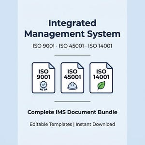 Può includere: Un pacchetto di documenti digitali intitolato Integrated Management System che include gli standard ISO 9001, ISO 45001 e ISO 14001. La grafica mostra tre icone di documenti con un badge, un elmetto e una foglia, etichettato come Complete IMS Document Bundle.