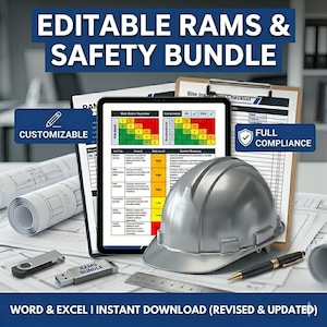 Puede incluir: Imagen de un paquete de seguridad con el texto "EDITABLE RAMS & SAFETY BUNDLE". La imagen incluye una tableta que muestra una matriz de riesgos, un casco plateado, planos, una unidad USB y un bolígrafo. También son visibles los textos "CUSTOMIZABLE" y "FULL COMPLIANCE".