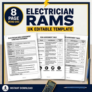 May include: An 8-page word document template for Electrician RAMS, UK editable. The image shows risk assessment tables, including hazard, control measures, and residual risk. Also included is an electrician risk assessment and method statement. Instant download.