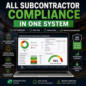 Puede incluir: Una pantalla de portátil muestra un panel de control de cumplimiento de subcontratistas con gráficos y datos. La imagen promociona un sistema para gestionar el cumplimiento, con iconos para el seguimiento en vivo, alertas y gestión de documentos.