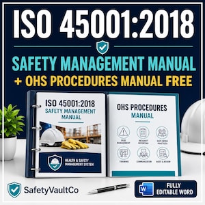 May include: A blue three-ring binder containing an ISO 45001:2018 Safety Management Manual and an OHS Procedures Manual. The cover features a white hard hat and yellow gloves. The interior page displays icons for risk management and training.