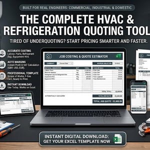 Könnte beinhalten: Werbung für ein HVAC- und Kälteanlagen-Angebotstool. Ein Laptop, Tablet und Smartphone zeigen die Softwareoberfläche. Das Bild zeigt Werkzeuge, einen Techniker und eine Gasflasche mit dem Text "Sofortiger digitaler Download: Holen Sie sich jetzt Ihre Excel-Vorlage."