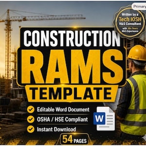 Op de afbeelding: Een digitaal documentsjabloon getiteld CONSTRUCTION RAMS TEMPLATE met 54 pagina's. Het toont een bouwplaats, een werknemer met een gele helm en veiligheidsvest, en een badge met de tekst Written by a Tech IOSH H&S Consultant.